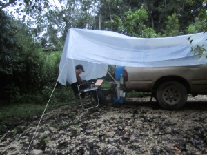 Josh hard at work on blog posts under our new rain shelter.